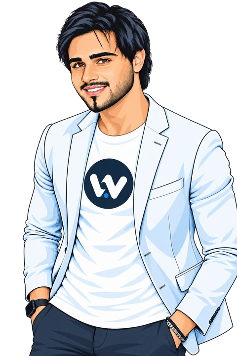 Illustrazione di Enzo Petrigliano con blazer chiaro e T-shirt bianca con logo DWD.